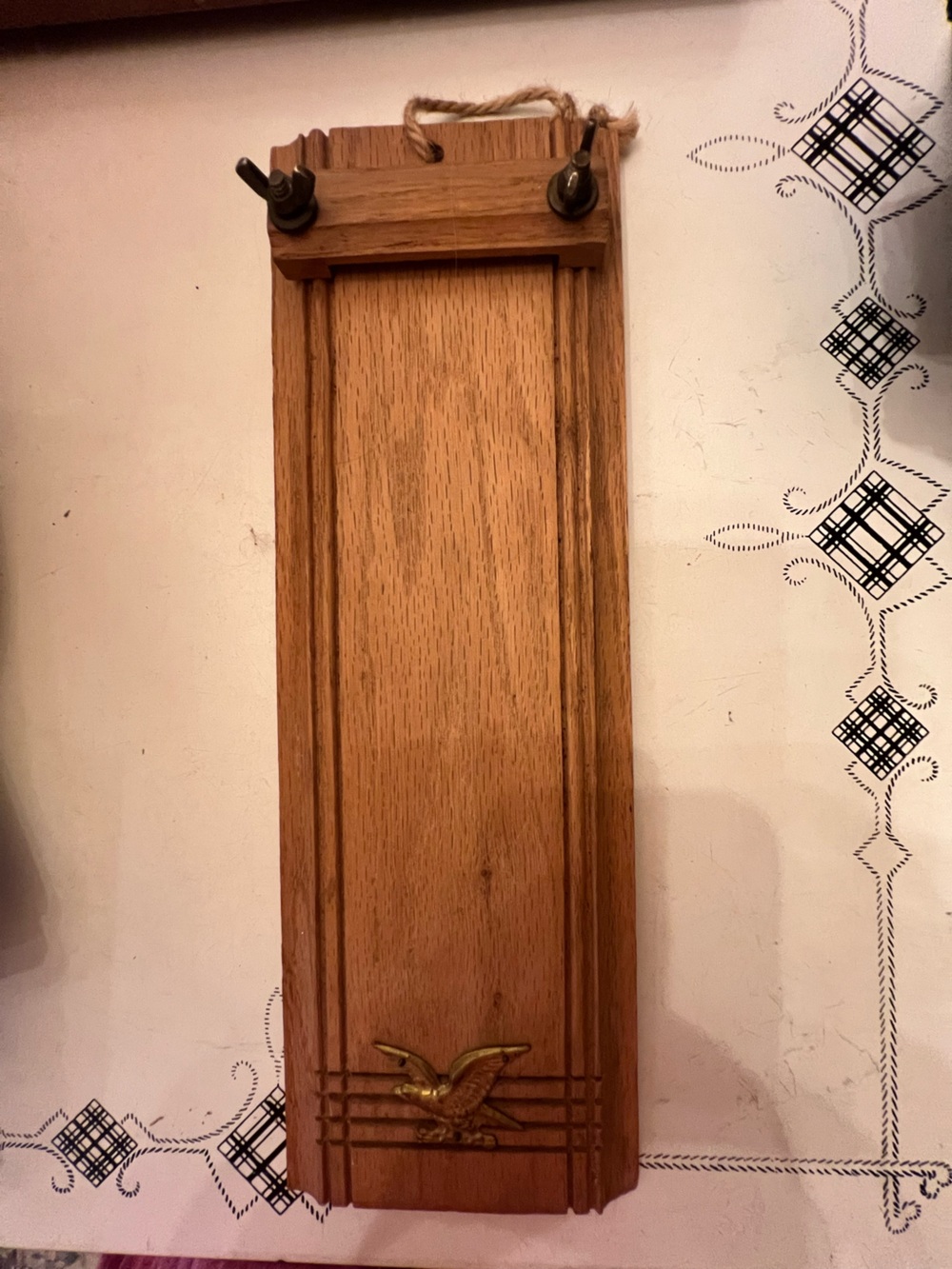 Vintage Wood Grocery List Holder w/ Brass Eagle & Notepad Wall Mount